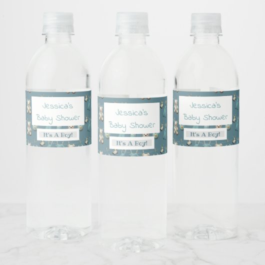 ブルーテディパーソナライズされたベア男の子ベビーシャワー ペットボトルラベル (ボトル)