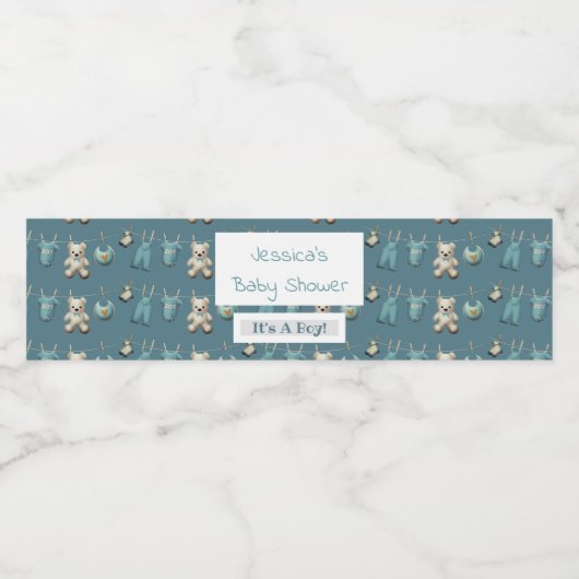 ブルーテディパーソナライズされたベア男の子ベビーシャワー ペットボトルラベル (シングルラベル)