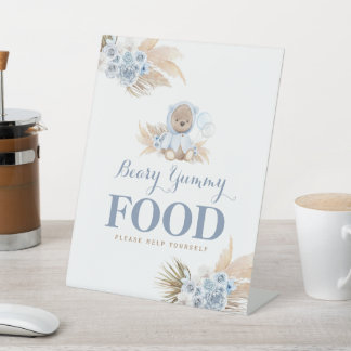 ブルーテディベアおいしい食べ物テーブルサイン 台座サイン