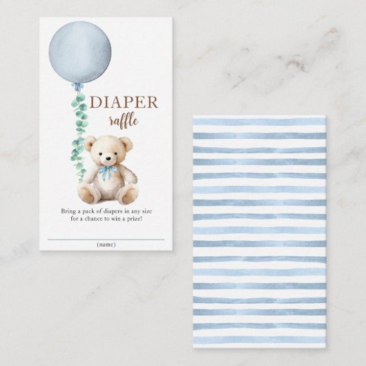 ブルーテディベアおむつラッフルベビーシャワーインサート エンクロージャーカード (正面/裏面)