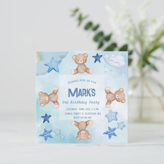 ブルーテディベアかわいい誕生日パーティの招待状 招待状 (スタンド正面)