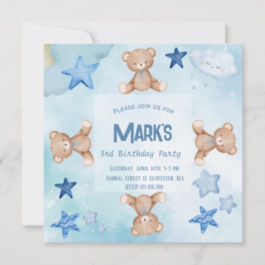 ブルーテディベアかわいい誕生日パーティの招待状 招待状 (正面)