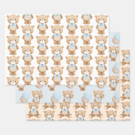 ブルーテディベアとバルーン男の赤ちゃん1st誕生日 ラッピングペーパーシート