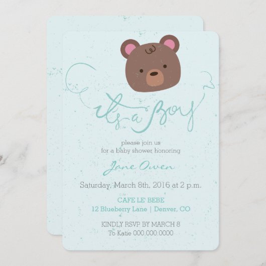ブルーテディベアの赤ちゃんシャワーの誘い 招待状 (正面/裏面)