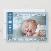 ブルーテディベアウェルカムトゥザワールド男の赤ちゃん 案内状 (正面)