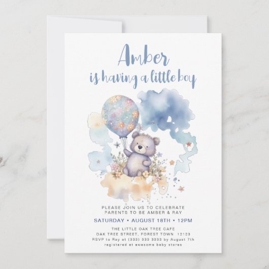 ブルーテディベアバルーンキュート少年ベイビーシャワー 招待状 (正面)