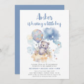 ブルーテディベアバルーンキュート少年ベイビーシャワー 招待状 (正面/裏面)