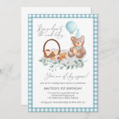 ブルーテディベアバルーンピクニック第1誕生日インヴィタ 招待状 (正面/裏面)