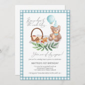 ブルーテディベアバルーンピクニック第1誕生日 招待状 (正面/裏面)