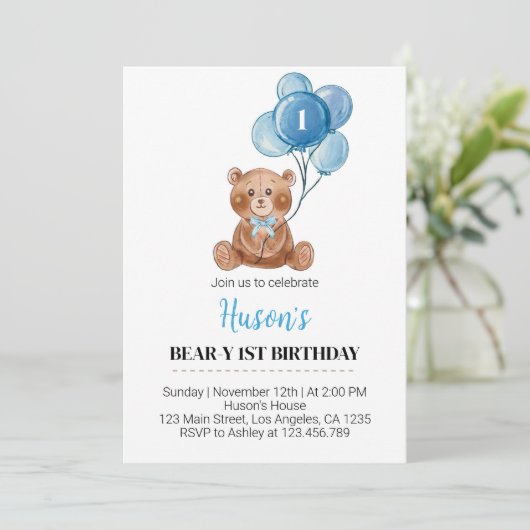 ブルーテディベアバルーンファースト誕生日招待状 招待状 (スタンド正面)