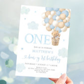 ブルーテディベアバルーンベアリーファースト誕生日 招待状