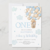 ブルーテディベアバルーンベアリーファースト誕生日 招待状 (正面)