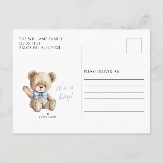 ブルーテディベアバルーン男の赤ちゃんシャワーハガキ 案内ポストカード (裏面)