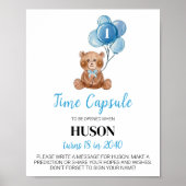 ブルーテディベアバルーン誕生日タイムカプセル標識 ポスター (正面)