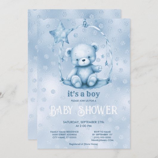 ブルーテディベアベビーシャワー招待状 招待状 (正面/裏面)