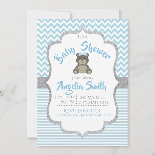 ブルーテディベアベビーシャワー招待状 招待状 (正面)