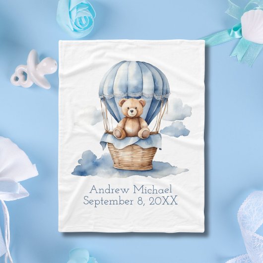 ブルーテディベアホットエアバルーン誕生統計ベビー フリースブランケット