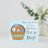 ブルーテディベアボーイベビーシャワー招待状 ポストカード (スタンド正面)