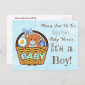 ブルーテディベアボーイベビーシャワー招待状 ポストカード (正面/裏面)