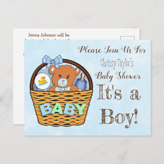 ブルーテディベアボーイベビーシャワー招待状 ポストカード (正面/裏面)