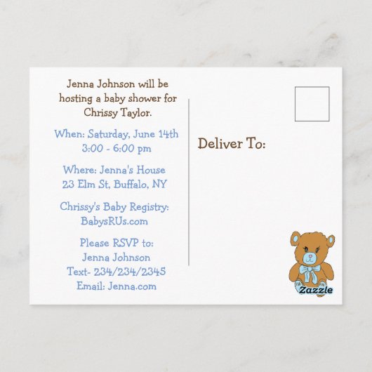 ブルーテディベアボーイベビーシャワー招待状 ポストカード (裏面)