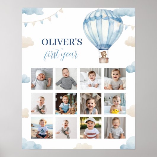 ブルーテディベアボーイ誕生日フォトマイルストーンサイン ポスター (正面)