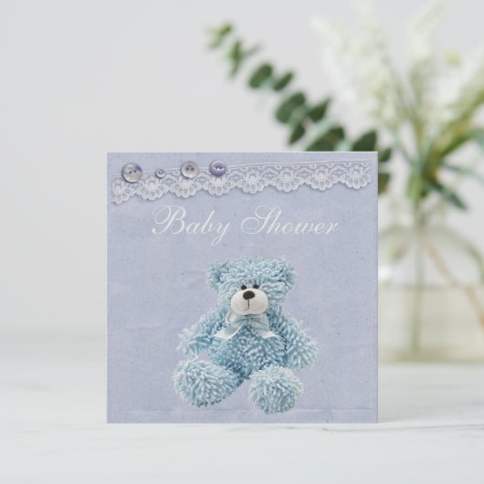 ブルーテディベアヴィンテージレース男の赤ちゃんシャワー 招待状 (スタンド正面)