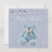 ブルーテディベアヴィンテージレース男の赤ちゃんシャワー 招待状 (正面)