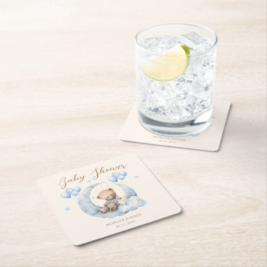 ブルーテディベアースターベビーシャワー スクエアペーパーコースター (インサイチュ)