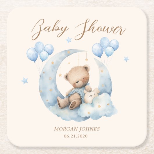 ブルーテディベアースターベビーシャワー スクエアペーパーコースター (正面)