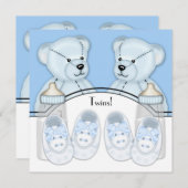 ブルーテディベアーツインボーイズ赤ちゃんシャワー 招待状 (正面/裏面)