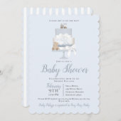 ブルーテディベアートレインケーキボーイ赤ちゃんシャワー 招待状 (正面/裏面)