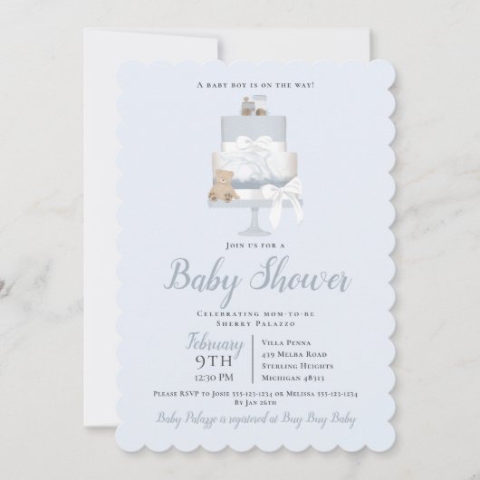 ブルーテディベアートレインケーキボーイ赤ちゃんシャワー 招待状 (正面)