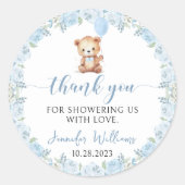 ブルーテディベアーバルーンボーイ赤ちゃん感謝していシャワーあなた ラウンドシール (正面)