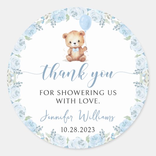 ブルーテディベアーバルーンボーイ赤ちゃん感謝していシャワーあなた ラウンドシール (正面)