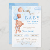 ブルーテディベアーバルーン少年ベビーシャワー 招待状 (正面/裏面)