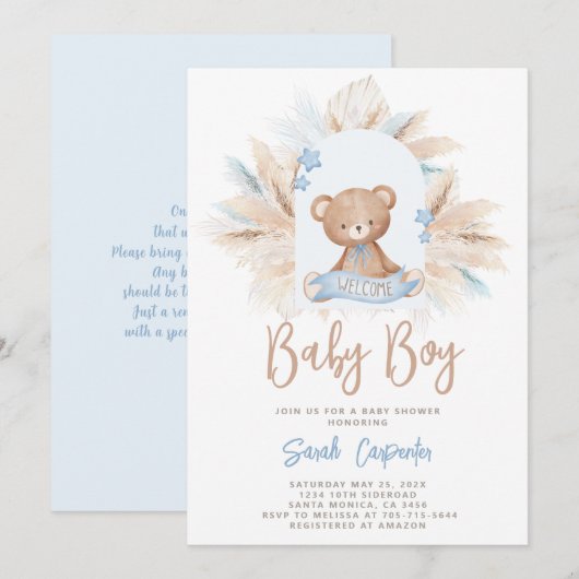 ブルーテディベアーベビーシャワーボーイ招待状 招待状 (正面/裏面)