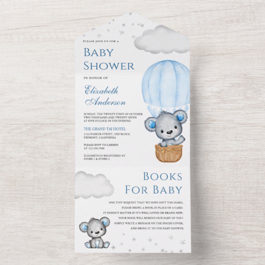ブルーテディベアーホットエアバルーン赤ちゃんシャワー オールインワン招待状 (内側)