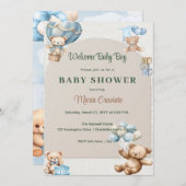 ブルーテディベアーホットエアバルーン赤ちゃんシャワー 招待状 (正面/裏面)