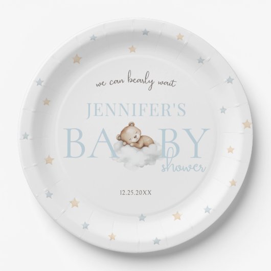 ブルーテディベア我々は心から待つことができる男の赤ちゃんシャワー ペーパープレート (正面)