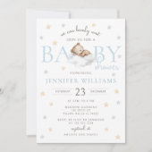 ブルーテディベア我々は心から待つことができる男の赤ちゃんシャワー 招待状 (正面)