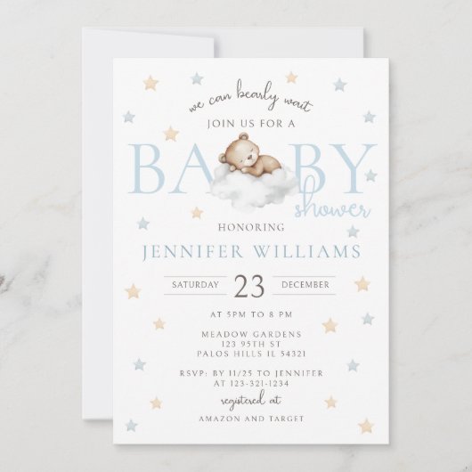 ブルーテディベア我々は心から待つことができる男の赤ちゃんシャワー 招待状 (正面)