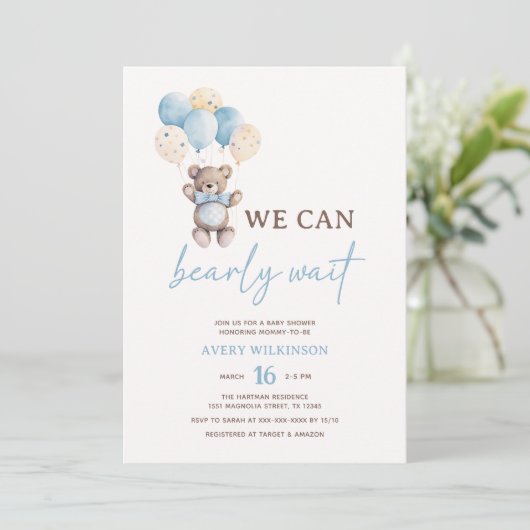 ブルーテディベア我々は真珠のように待つことができ男の子の赤ちゃんシャワー 招待状 (スタンド正面)
