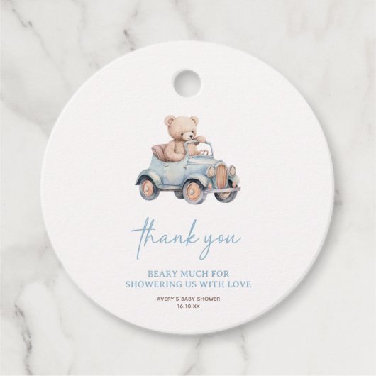 ブルーテディベア我々は赤ちゃんシャワーを待つことができる フェイバータグ (正面)