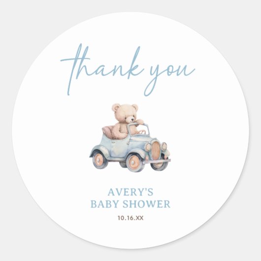 ブルーテディベア我々は赤ちゃんシャワーを待つことができる ラウンドシール (正面)