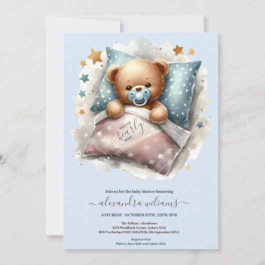ブルーテディベア我々は赤ちゃんシャワーを待つことができる 招待状 (正面)