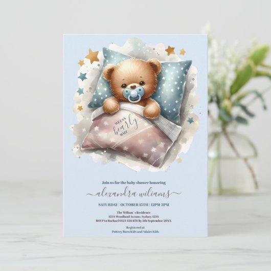 ブルーテディベア我々は赤ちゃんシャワーを待つことができる 招待状 (スタンド正面)