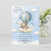 ブルーテディベア我々は赤ちゃんシャワーを待つことができる 招待状 (スタンド正面)