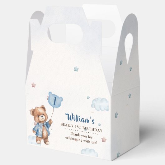 ブルーテディベア最初の誕生日パーティーのお願いボックス フェイバーボックス (オープン)