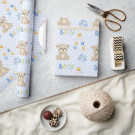 ブルーテディベア水彩赤ちゃんシャワー ラッピングペーパー